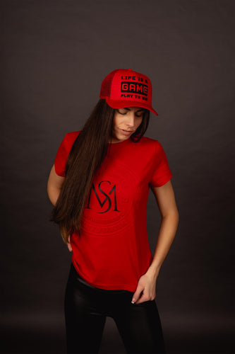 Dámske červeno-čierne tričko LIFE IS GAME s modernou potlačou